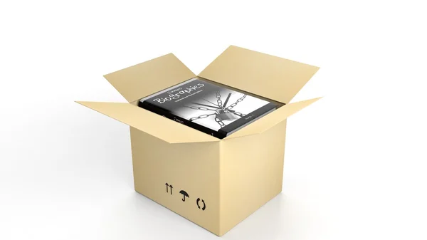 Book on Biographies with illustrated cover inside an open cardboard box, on white background. — 스톡 사진