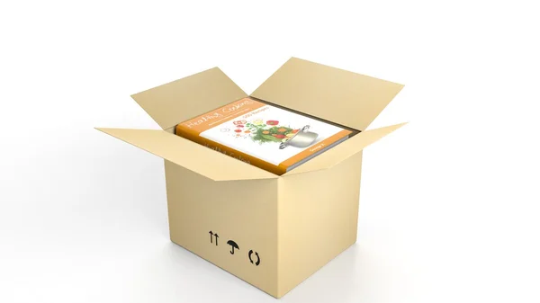 Libro sobre cocina saludable con cubierta ilustrada dentro de una caja de cartón abierta, sobre fondo blanco . — Foto de Stock