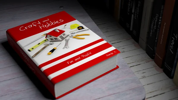 Книга в твердой обложке о ремёслах и хобби с иллюстрацией на обложке, на деревянной поверхности . — стоковое фото