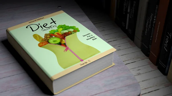 Buku sampul keras tentang Diet dengan ilustrasi di sampul, di permukaan kayu . — Stok Foto