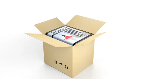 Libro de Ciencia con cubierta ilustrada dentro de una caja de cartón abierta, sobre fondo blanco . — Foto de Stock