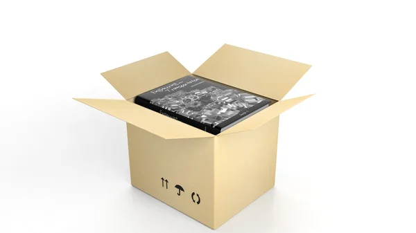 Book on Engineering and Transportation with illustrated cover inside an open cardboard box, on white background. — 图库照片