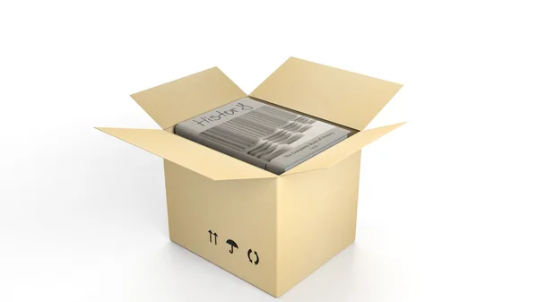 Книга з ілюстрованою обкладинкою всередині відкритої картонної коробки, на білому тлі . — стокове фото