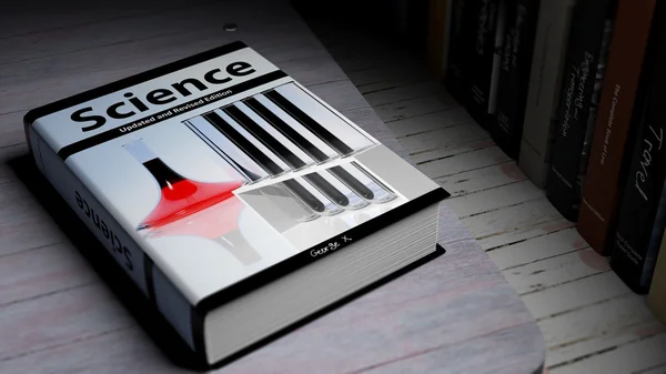 หนังสือปกแข็งเกี่ยวกับวิทยาศาสตร์ที่มีภาพประกอบบนหน้าปกบนพื้นผิวไม้ . — ภาพถ่ายสต็อก