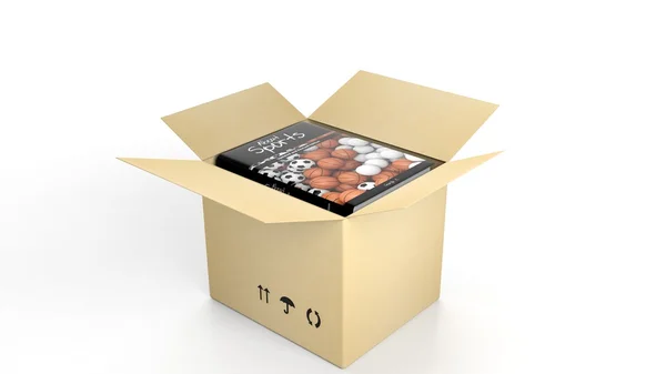 Book on Sports with illustrated cover inside an open cardboard box, on white background. — Stock Photo, Image