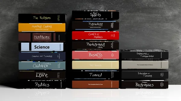 Tahta arka plan ile çeşitli konularda kitap yığınları.