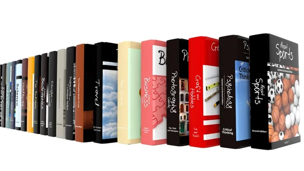 Bücher mit verschiedenen Themen in einer Reihe, isoliert auf weißem Hintergrund. — Stockfoto