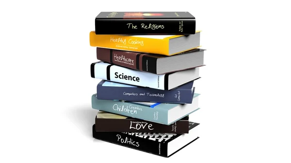 Bücherstapel mit verschiedenen Themen, isoliert auf weißem Hintergrund. — Stockfoto