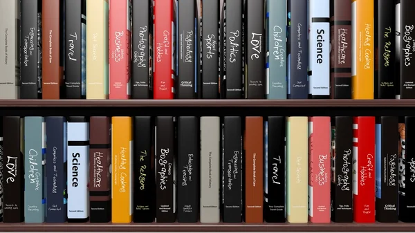 Libros con varios temas en estantes de madera — Foto de Stock