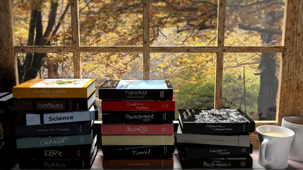 Stacks of books set on window with two coffee cups and autumn view with trees. — Stock Photo, Image