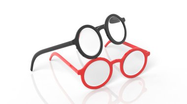Beyaz arka plan üzerinde izole siyah ve kırmızı yuvarlak-lens gözlük çifti.
