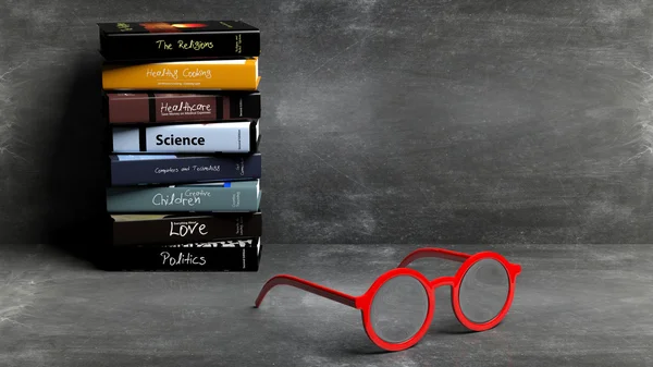 Gafas graduadas con pila de libros y pizarra con espacio para copiar — Foto de Stock