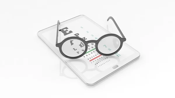 Glasögon som på tablett med syn test på skärmen, isolerad på vit bakgrund. — Stockfoto