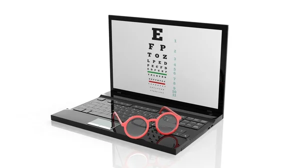 Eyeglasses on laptops keyboard with eyesight test on screen, isolated on white background. — Stock Photo, Image