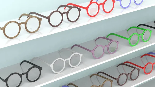 Various color round-lens eyeglasses set on shelves — Stock Photo, Image