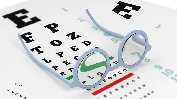 Paire de lunettes à lentilles rondes réglées sur un test de vue avec lettres et chiffres — Photo