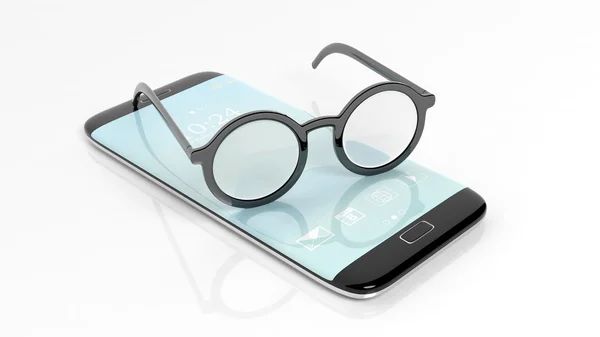 Gafas graduadas fijadas en smartphone, aisladas sobre fondo blanco . — Foto de Stock