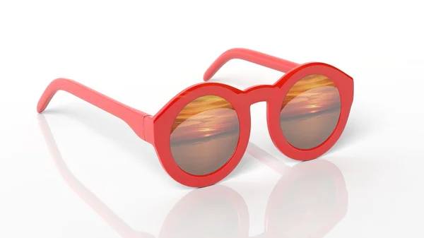 Rote Sonnenbrille mit runden Gläsern mit Sonnenuntergangsreflexion auf Linse, isoliert auf weißem Hintergrund. — Stockfoto