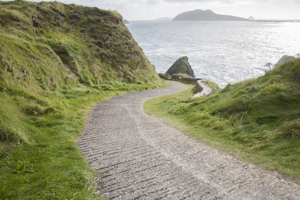 Straße hinunter zum Dunquin Harbour mit blasphemischer Insel — Stockfoto