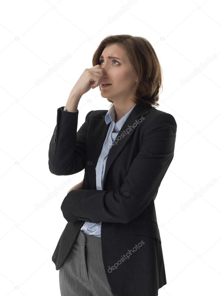 Business woman with bad smell gesture