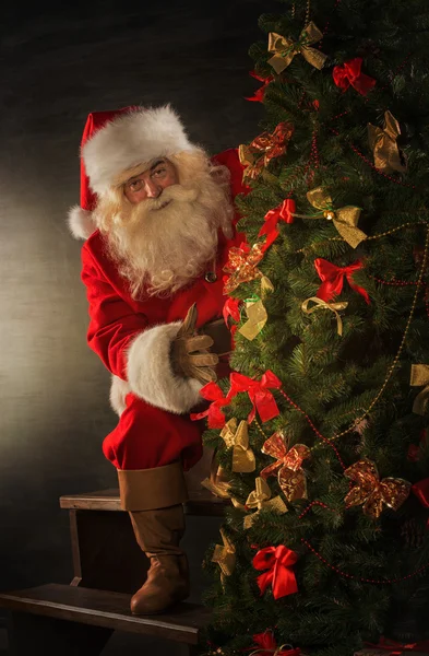 Santa claus kerstboom versieren — Stockfoto