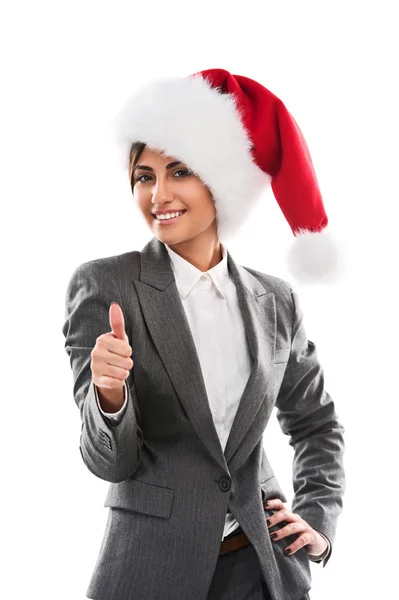 Christmas woman showing thumbs up — Stock Photo, Image