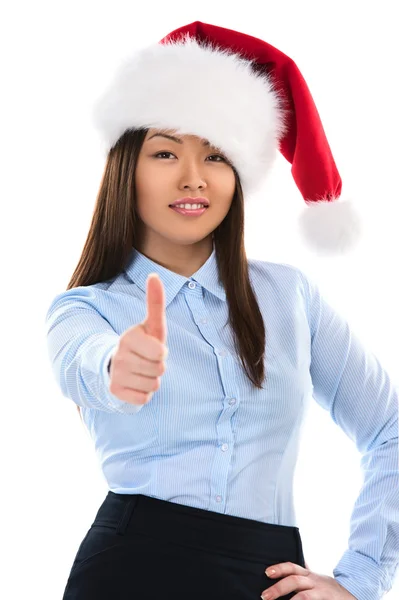 Christmas woman showing thumbs up — Stock Photo, Image