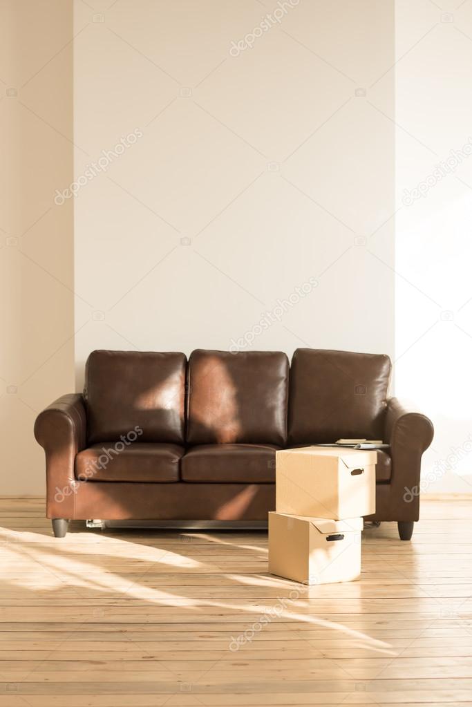 Sofa and cardboard boxes in new home