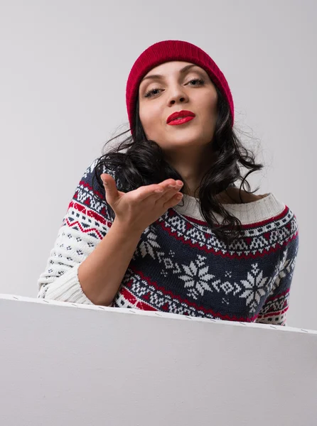 Christmas woman with blank card — Stock Photo, Image