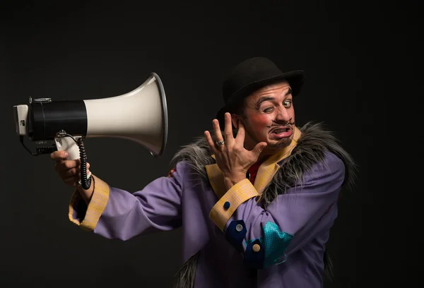 Clown listening     megaphone — Stock Photo, Image