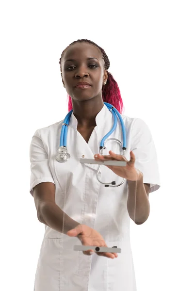 Woman doctor holding futuristic tablet — Stock Photo, Image