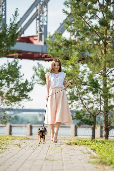 Frau geht mit Hund spazieren — Stockfoto