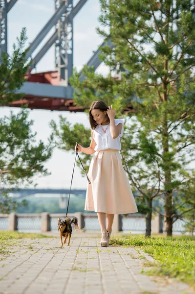 Nainen kävelee koiransa kanssa — kuvapankkivalokuva