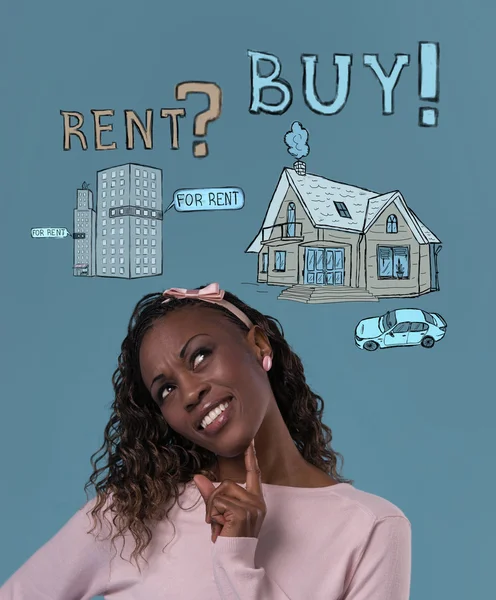 Mulher pensando sobre o conceito de hipoteca — Fotografia de Stock
