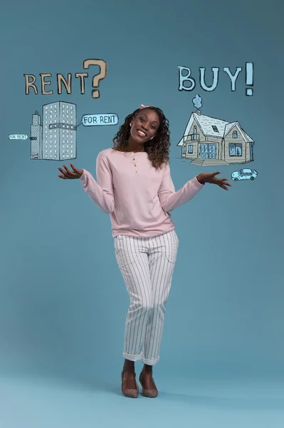 Kobieta myśli o koncepcja kredyt hipoteczny — Zdjęcie stockowe