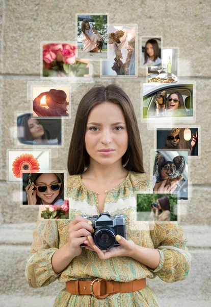 Chica con cámara y muchas imágenes —  Fotos de Stock