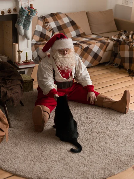Weihnachtsmann füttert Katze — Stockfoto