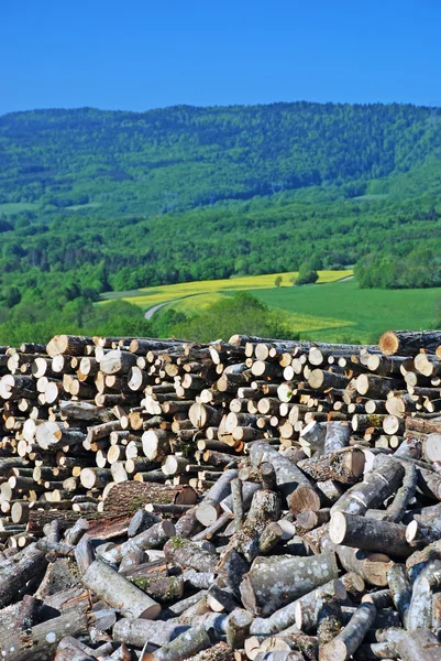 Wood piling up with green mountains background — Stock Photo, Image