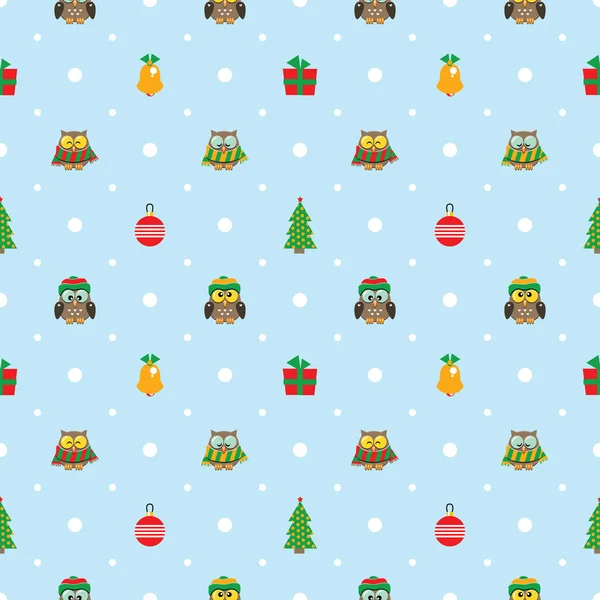 Pattern with christmas decorations and cute owls. — Stock Vector