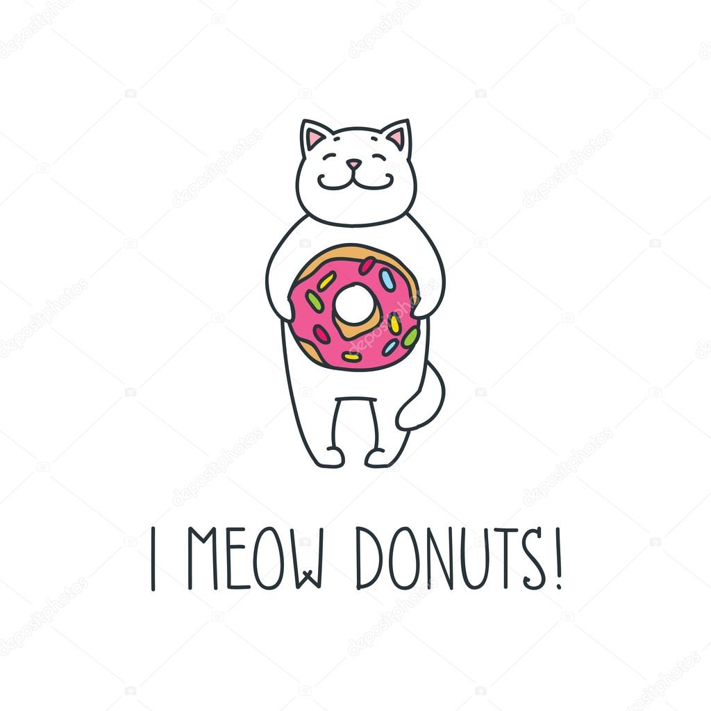 Doodle vector illustration of funny white cat holding big donut