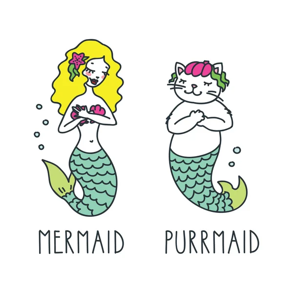 Mermaid and purrmaid — Stock Vector