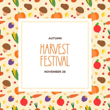 Hasat arka planı. Sebze, böğürtlen ve sonbahar yapraklı sonbahar çerçevesi. Sonbahar bayramı davetiyesi, tebrik kartı veya el ilanı olarak kullanılabilir. Vektör 8 EPS.