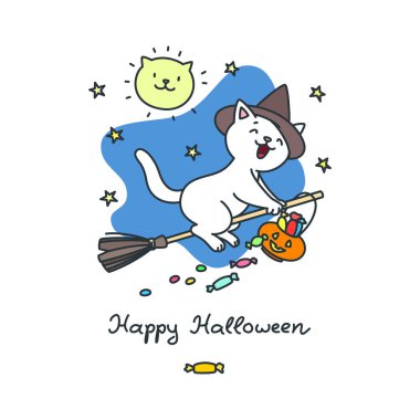 Mutlu Cadılar Bayramı. Gece yıldızlı gökyüzünde süpürgeyle uçan cadı şapkalı komik beyaz bir kedi tasviri. Vektör 8 EPS.