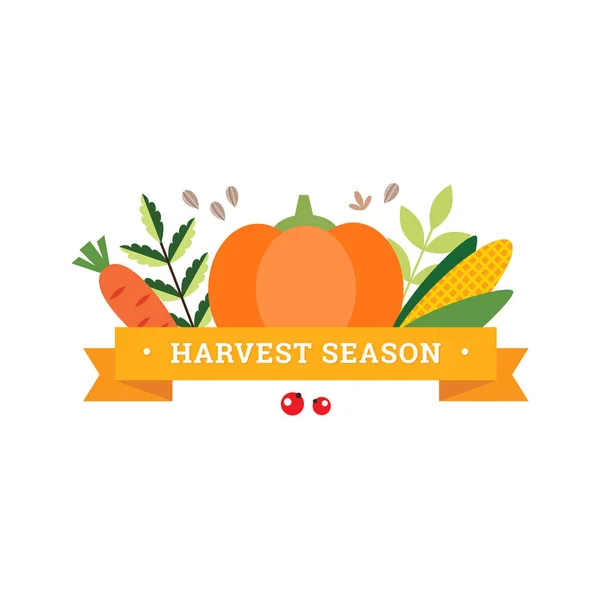 Harvest Season Autumn Vignette Vegetables Leaves Yellow Ribbon Isolated White — Stock Vector