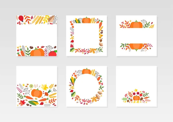 Harvest Backgrounds Set Autumn Backgrounds Vegetables Berries Autumn Leaves Plants — Stock Vector