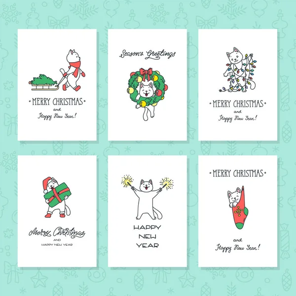 Frohes Neues Jahr Set Von Weihnachtsgrußkarten Mit Niedlichen Weißen Katzen — Stockvektor