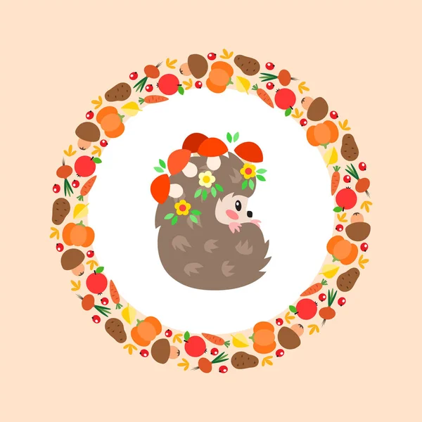Cute Hedgehog Illustration Little Hedgehog Mushrooms Circle Background Autumn Plants — Stock Vector