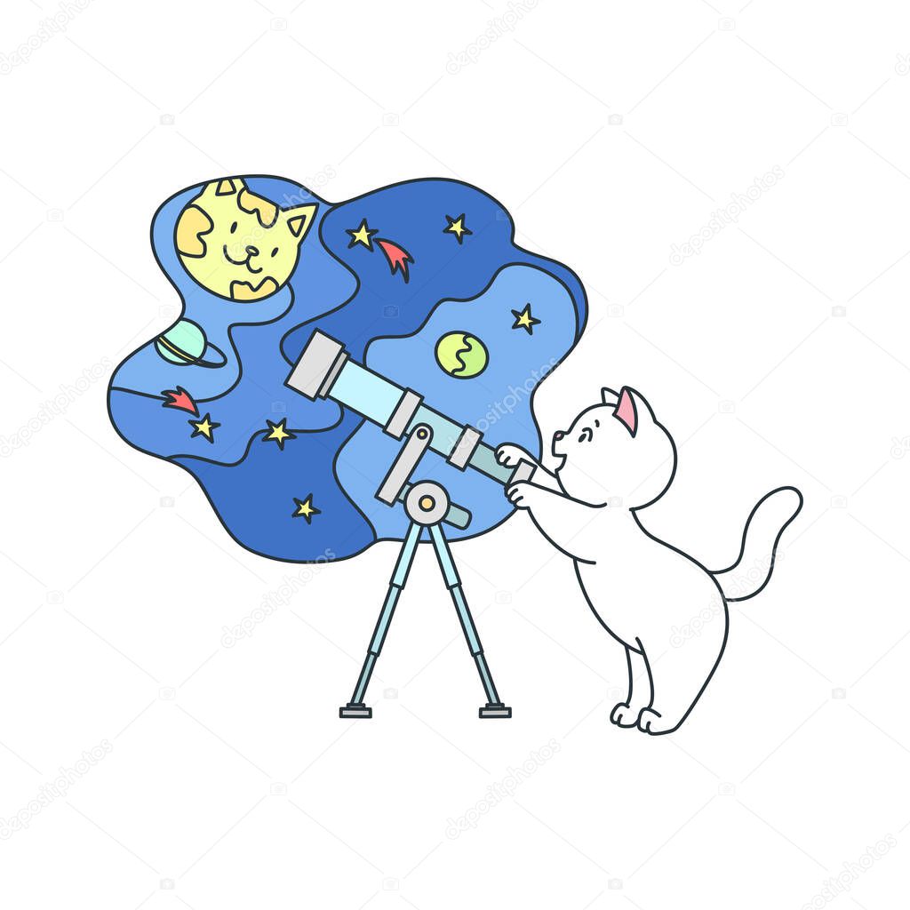 Cat with telescope. Illustration of funny cat using telescope for astronomical research. Vector 8 EPS.