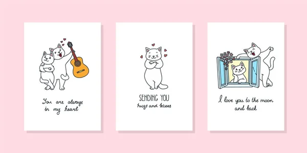Valentine Day Cards Illustrations Cute Cats Love Isolated White Background — Stock Vector