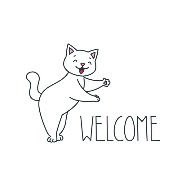 Willkommen Illustration Einer Eingeschnittenen Weißen Katze Die Freundlich Begrüßt Wird — Stockvektor